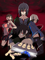  3boys bad_id bad_pixiv_id black_hair breasts card devil_survivor female foreshortening handheld_game_console helmet kihara_atsurou large_breasts looking_at_viewer multiple_boys naoya_(devil_survivor) navel nintendo_ds outstretched_arms protagonist_(devil_survivor) red_eyes stomach utani_(punishment) yuzu_tanigawa 