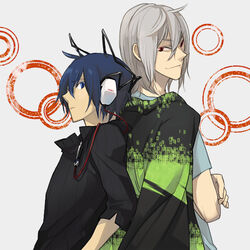  2boys blue_eyes blue_hair cloak commentary_request devil_survivor grey_hair headphones male_focus multiple_boys nakatani_nio naoya_(devil_survivor) protagonist_(devil_survivor) red_eyes 