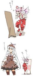  2girls animal_ears bow commentary_request cosplay costume_switch fujiwara_no_mokou fujiwara_no_mokou_(cosplay) hair_ribbon hairbow hat highres long_hair mirror mitsumoto_jouji multiple_girls mystia_lorelei mystia_lorelei_(cosplay) pink_hair ribbon short_hair thighhighs touhou translated wings 