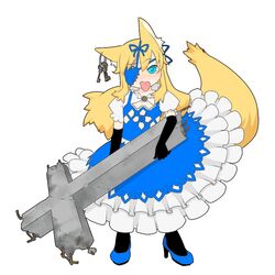  animal_ears blonde_hair blue_eyes commentary_request dress earrings elbow_gloves eyepatch female fox_ears fox_tail gloves jewelry key long_hair original solo tail tongue torque 