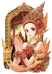  architecture armlet bad_id bad_pixiv_id bracelet brown_hair crown female flower flower-trimmed_crown gold_crown gold_trim hair_flower hair_ornament head_wings jeweled_crown jewelry lipstick makeup nardack necklace original oversized_crown peony_(flower) photoshop_(medium) solo thai_clothes thailand wings yellow_eyes 