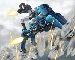  aiming assault_rifle black_footwear boots bullpup casing_ejection commentary_request debris female firing full_body ghost_in_the_shell ghost_in_the_shell_stand_alone_complex gloves grey_pants gun holding holding_gun holding_weapon itou_(onsoku_tassha) jacket kusanagi_motoko long_sleeves looking_ahead machine_gun mecha mecha_focus muzzle_flash non-humanoid_robot pants pants_tucked_in purple_hair red_eyes rifle robot rock science_fiction seburo_c26a shell_casing short_hair sitting smoke solo sparkle sparks spider_tank tachikoma under_fire walker_(robot) weapon 