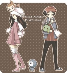  1boy alternate_costume beanie beret bird black_eyes black_hair boots chimchar coat commentary_request copyright_name dawn_(pokemon) female full_body hair_ornament hat holding leaf looking_at_viewer lucas_(pokemon) penguin pink_footwear piplup pokemon pokemon_(creature) pokemon_dppt pokemon_platinum polka_dot polka_dot_background scarf standing starter_pokemon_trio tasuku_(bixbite) turtwig white_scarf winter_clothes 