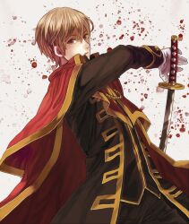  1boy bad_id bad_pixiv_id brown_hair cape gintama katana male_focus okita_sougo red_eyes solo sorax2112 sword weapon 