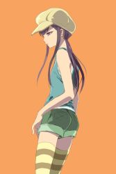  1boy bare_shoulders earrings hat jewelry koga_norio long_hair male male_focus narutaru ponytail purple_eyes purple_hair shorts solo striped striped_legwear tank_top thighhighs toki_(19890327) trap 