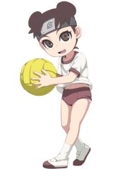  ball brown_eyes brown_hair buruma caryo chibi double_bun female forehead_protector gym_uniform headband midori_boushi naruto naruto_sd:_rock_lee_no_seishun_full-power_ninden simple_background solo tenten 