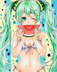  aqua_eyes aqua_hair bad_id bad_pixiv_id bikini breasts eating female food food_print fruit hair_ornament hatsune_miku long_hair marker_(medium) medium_breasts nail_polish navel one_eye_closed photoshop_(medium) solo star_(symbol) swimsuit themed_object traditional_media tsubugaai twintails very_long_hair vocaloid watermelon watermelon_print 