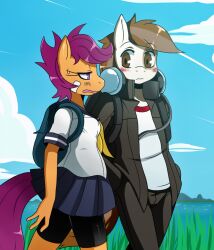  anthro blush brown_eyes brown_hair equid equine female friendship_is_magic hair hasbro hi_res horse male mammal my_little_pony mythological_creature mythological_equine mythology outside pegasus pipsqueak_(mlp) pony purple_eyes purple_hair scootaloo_(mlp) sssonic2 wings 