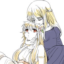  2girls arnoul artoria_pendragon_(fate) bad_id bad_pixiv_id braid cassock dual_persona fate/stay_night fate/zero fate_(series) flower french_braid genderswap_(mtf) gilgamesh_(fate) grabbing_another&#039;s_chin hair_flower hair_ornament half-closed_eyes hand_on_another&#039;s_chin multiple_girls red_eyes rule_63 saber_alter 