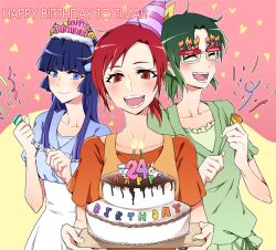  :d aoki_reika artist_self-insert bad_id bad_pixiv_id birthday birthday_cake blue_hair blush cake candle closed_eyes collarbone food funny_glasses glasses grey_hair hair_ornament hairclip happy_birthday hat heart hino_akane_(smile_precure!) long_hair midorikawa_nao multiple_girls negom open_mouth orange_shirt party_hat party_popper precure red_eyes red_hair shirt smile smile_precure star 