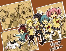  5girls akemi_homura black_hair blonde_hair blue_hair bow casual commentary_request denim denim_shorts drill_hair grin hair_ornament hair_ribbon hairband hairbow hairclip hood hoodie kaname_madoka kyuubee long_hair mahou_shoujo_madoka_magica mahou_shoujo_madoka_magica_(anime) miki_sayaka mitakihara_school_uniform multiple_girls pantyhose photo_(object) photoshop_(medium) pink_hair ponytail red_hair ribbon sakura_kyoko school_uniform sepia short_hair shorts smile standing thighhighs tomoe_mami twin_drills twintails uzaki_(jiro) v zettai_ryouiki 