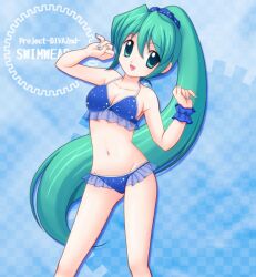  alternate_hairstyle aoya_(hoshixii) bad_id bad_pixiv_id bikini blue_bikini checkered_background female green_eyes green_hair hatsune_miku long_hair navel open_mouth ponytail project_diva_(series) project_diva_2nd solo swimsuit swimwear_(module) very_long_hair vocaloid 