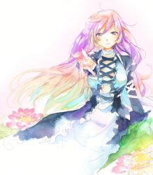  bad_id blonde_hair blush breasts female foreshortening gradient_hair hijiri_byakuren large_breasts long_hair long_sleeves looking_at_viewer multicolored_hair outstretched_hand painting_(medium) petals purple_hair reaching reaching_towards_viewer smile solo touhou traditional_media ume_(plumblossom) watercolor_(medium) yellow_eyes 