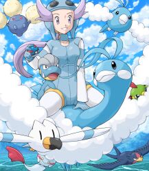  altaria aviator_cap bagon bird blue_sky chimecho cloud day feathers female flight_goggles fluffy flying gloves goggles great_ball hat holding holding_poke_ball jumpluff light_smile natu poke_ball pokemoa pokemon pokemon_(creature) pokemon_rse purple_eyes purple_hair riding riding_pokemon sitting sitting_on_animal sky straddling swablu swellow wingull winona_(pokemon) 