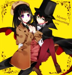  1boy black_hair brown_hair cane chitanda_eru commentary_request cosplay detective english_text female formal green_eyes hat hyouka kimi_ni_matsuwaru_mystery long_hair lotton monocle oreki_houtarou pantyhose purple_eyes short_hair suit top_hat 