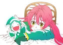  1boy bad_id bad_pixiv_id blush fairy_(jintai) female green_eyes green_hair iro_marimo jinrui_wa_suitai_shimashita long_hair nib_pen_(medium) open_mouth partially_colored photoshop_(medium) pink_hair pointy_ears smile traditional_media watashi_(jintai) 