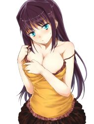  aozaki_aoko bare_shoulders blue_eyes blush breasts brown_hair casual cleavage commentary_request female frown haruyuki_(yukichasoba) large_breasts long_hair mahou_tsukai_no_yoru skirt solo spaghetti_strap strap_slip tsukihime white_background 