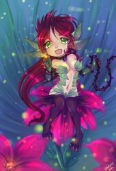  angelpaw bare_shoulders breasts chibi claws commentary_request earrings extra_ears female flower glowing green_eyes highres jewelry leaf league_of_legends long_hair monster_girl navel necklace oerba_yun_fang open_mouth plant red_hair sitting solo thorns very_long_hair vines zyra 