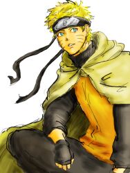  1boy bad_id bad_pixiv_id blonde_hair blue_eyes cape facial_mark fingerless_gloves forehead_protector gloves headband konohagakure_symbol naruto naruto_(series) naruto_shippuuden takuya_(shikiiki-me) uzumaki_naruto whisker_markings 