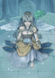  angel_wings anklet aoyagi_haru aqua_eyes armor bad_id bad_pixiv_id barefoot bracelet circlet corset curly_hair dress female green_hair hair_ribbon headdress highres jewelry long_hair necklace on_one_knee original ribbon solo tombstone tree wings 