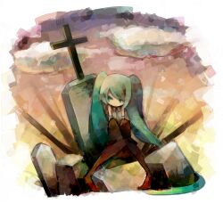  commentary_request cross detached_sleeves female grave haru_(oomr005) hatsune_miku highres sitting solo tombstone vocaloid 