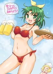  alcohol beer beer_mug bikini cameltoe chibi commentary_request cup female green_eyes green_hair holding holding_cup midorikawa_nao mug ponytail precure short_hair smile_precure swimsuit tray uzura_no_tamago_(yudeuzutama) yayoi_kise 