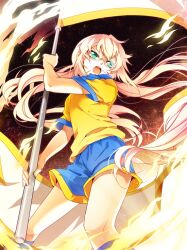  1boy blonde_hair blue_eyes commentary_request daqshu fire flag fusion glasses inazuma_eleven_(series) inazuma_eleven_go kirino_ranmaru kirino_ranmaru_(mixi_max_jeanne_d&#039;arc) long_hair photoshop_(medium) scythe soccer_uniform sportswear twintails 