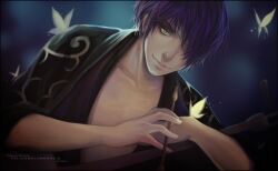  1boy bad_id bad_pixiv_id bandage_over_one_eye bug butterfly felice gintama green_eyes japanese_clothes kimono kiseru looking_at_viewer male_focus photoshop_(medium) purple_hair realistic smoking_pipe solo takasugi_shinsuke 