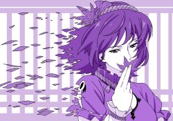  bad_id bad_pixiv_id dissolving dissolving_clothes female hair_ornament ikuya_koimori leaf maple_leaf monochrome purple_theme short_hair solo touhou yasaka_kanako 