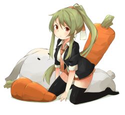  animal_ears bad_id bad_pixiv_id black_thighhighs blush carrot female green_hair highres muttan_(ashiru-f) necktie original ponytail rabbit_ears rabbit_tail red_eyes skirt solo tail thighhighs white_background 