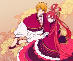  1boy ali_baba_saluja chinese_clothes commentary_request dress female flower hair_ornament hanfu long_hair magi_the_labyrinth_of_magic orange_eyes orange_hair photoshop_(medium) red_flower red_rose ren_kougyoku rose sitting sleeves_past_wrists slippers temari114 very_long_hair 