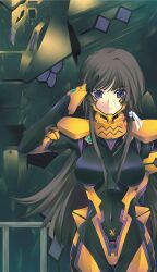  absurdres arm_behind_back arm_up armor black_hair bodysuit breasts breasts_apart closed_mouth covered_navel cowboy_shot faulds female fortified_suit gauntlets gloves gorget hair_ribbon highres hime_cut impossible_bodysuit impossible_clothes large_breasts long_hair looking_at_viewer mecha muv-luv muv-luv_alternative muv-luv_total_eclipse pauldrons pilot_suit purple_eyes ribbon robot salute scan serious shoulder_armor sidelocks skin_tight solo standing tactical_surface_fighter takamura_yui tress_ribbon type_00_takemikazuchi very_long_hair white_ribbon 