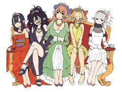  5girls a_priest&#039;s_journey_in_a_rpg_world animal_ears bare_shoulders black_hair blue_hair blush breasts brown_hair center_opening cleavage commentary_request constricted_pupils couch crossed_legs demon_girl detached_sleeves dog_ears dress earrings elbow_gloves fangs fingerless_gloves formal fumitan_(humitan) gloves green_eyes hair_ornament halterneck hoop_earrings horns jewelry kayonohime kugasari-san laina_(yanagida_fumita) large_breasts licole long_hair looking_away merielle messy_hair multiple_girls necklace oni oni_horns open_mouth original pointy_ears ponytail red_eyes side_ponytail silver_hair sitting skull_hair_ornament smile tiara yellow_eyes 