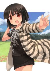  akemiho_tabi_nikki bad_id bad_pixiv_id black_hair blush bob_cut collarbone female field flower fukube_tamaki gendai_ninjakko_zukan kouno_hikaru looking_at_viewer outdoors outstretched_arm red_eyes short_hair solo striped 