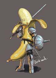  alternate_costume armor banana_costume belt chainmail commentary_request dark_souls_(series) dark_souls_i dated david_semsei full_armor gauntlets greaves huge_weapon knight no_humans photoshop_(medium) scabbard sheath shield siegmeyer_of_catarina signature simple_background solo spikes sword weapon 