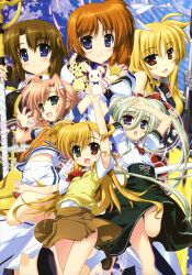  6+girls :d absurdres asteion bardiche_(nanoha) bardiche_(zanber_form)_(nanoha) blonde_hair blue_eyes blush bow brown_hair einhard_stratos fate_testarossa fate_testarossa_(true_sonic_form) feline fingerless_gloves fujima_takuya gloves green_eyes green_hair hair_ornament hair_ribbon highres long_hair lyrical_nanoha magical_girl mahou_shoujo_lyrical_nanoha_vivid miura_rinaldi multiple_girls navel oerba_yun_fang official_art open_mouth pink_hair purple_eyes rabbit raising_heart raising_heart_(exceed_mode) red_eyes ribbon sacred_heart scan school_uniform schwertkreuz short_hair side_ponytail smile socks st._hilde_academy_of_magic_uniform staff star_(symbol) star_saber_(nanoha) sweater_vest takamachi_nanoha takamachi_nanoha_(exceed_mode) vivio wristband yagami_hayate 