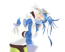  1boy blue_hair blush commentary_request ene_(kagerou_project) ene_no_dennou_kikou_(vocaloid) female headphones highres hug jacket kagerou_project konoha_(kagerou_project) konoha_no_sekai_jijou_(vocaloid) long_hair moccha_(oslo5) ponytail tears twintails vocaloid white_hair 