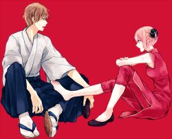  1boy barefoot brown_eyes brown_hair bun_cover capri_pants chinese_clothes commentary_request double_bun female gintama hair_bun japanese_clothes kagura_(gintama) kicking okita_sougo pants pink_hair red_background red_hair sandals shoes short_hair single_shoe urahara 