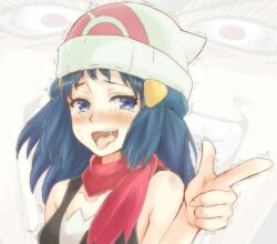  ahe_gao bad_id bad_pixiv_id bare_shoulders beanie blue_eyes blue_hair blush collarbone dawn_(pokemon) female hair_ornament hat open_mouth photoshop_(medium) pointing pokemon pokemon_dppt red_scarf saliva scarf solo tears tongue tongue_out trembling turizao upper_body 