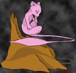  2012 abandoned ambiguous_gender backlash91 blue_eyes cloud conditional_dnp crouching digital_media_(artwork) fur generation_1_pokemon legendary_pokemon levitation lonely mew_(pokemon) nintendo pink_body pink_fur pokemon pokemon_(species) sad solo tail tail_tuft tree_stump tuft 