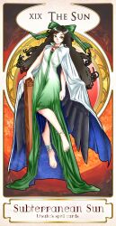  anklet arm_cannon barefoot black_hair black_wings bow brown_eyes cape card commentary_request dress english_text female floating gown green_bow hairbow highres jewelry long_hair reiuji_utsuho roman_numeral shibe362 sleeveless sleeveless_dress solo sun tarot tarot_(medium) the_sun_(tarot) third_eye touhou weapon wings 