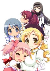  5girls ^_^ akemi_homura akemi_homura_(magical_girl) beret black_hair blonde_hair blue_eyes blue_hair blush bow breasts closed_eyes commentary_request drill_hair food gloves hairband hairbow hat kaname_madoka kaname_madoka_(magical_girl) kyuubee long_hair magical_girl mahou_shoujo_madoka_magica mahou_shoujo_madoka_magica_(anime) medium_breasts miki_sayaka miki_sayaka_(magical_girl) multiple_girls open_mouth pink_eyes pink_hair pocky ponytail purple_eyes red_eyes red_hair sakura_kyoko sakura_kyoko_(magical_girl) short_hair short_twintails smile tomoe_mami tomoe_mami_(magical_girl) twin_drills twintails yellow_eyes yuuki_akira 