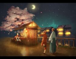  3boys black_hair cherry_blossoms chinese_clothes closed_umbrella commentary_request crescent_moon double_bun female food_stand gintama hadanugi_dousa hair_bun hakama hakama_skirt hasegawa_taizou japanese_clothes kagura_(gintama) kimono lantern letterboxed long_sleeves moon multiple_boys night okita_sougo open_clothes open_kimono paper_lantern petals pointing pood1e red_hair sakata_gintoki short_sleeves skirt standing standing_on_one_leg tree umbrella white_hair yatai 