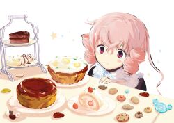  blush cake cake_slice candy cherry chocolate commentary_request cookie female food fruit heart highres lollipop omiomi_kekyu pink_eyes shaped_lollipop sister_honey_biscuit solo star_(symbol) tiered_tray 