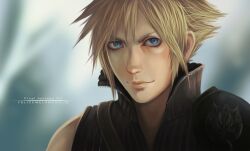  1boy bad_id bad_pixiv_id blonde_hair blue_eyes cloud_strife felice final_fantasy final_fantasy_vii final_fantasy_vii_advent_children green_eyes male_focus photoshop_(medium) realistic smile solo 