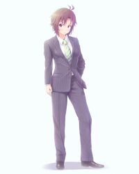  antenna_hair bad_id bad_pixiv_id blue_background brown_eyes brown_hair business_suit crossdressing curry_fuumi dress_shirt female formal full_body hand_in_pocket idolmaster idolmaster_(classic) jacket kikuchi_makoto long_sleeves looking_away necktie pant_suit pants pinstripe_pattern pinstripe_suit shadow shirt shoes simple_background solo standing striped suit white_background 