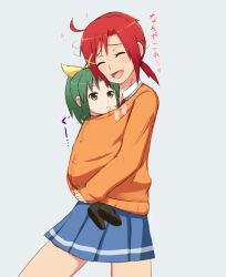  2girls :d ^_^ aged_down blush closed_eyes commentary_request green_eyes green_hair highres hino_akane_(smile_precure!) hug lolicon midorikawa_nao multiple_girls nanairogaoka_middle_school_uniform open_mouth orange_shirt ponytail precure red_eyes red_hair school_uniform shirt short_hair smile smile_precure sweater thumb_sucking translated unpale 