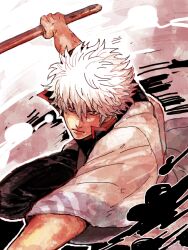  1boy action bad_id bad_pixiv_id black_pants bokken closed_mouth commentary_request frown gintama hadanugi_dousa holding holding_sword holding_weapon japanese_clothes kimono male_focus open_clothes open_kimono outstretched_arms pants popped_collar red_eyes sakata_gintoki serious shaku_(gekirin) solo sword sword_writing weapon white_hair wooden_sword 