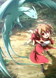  arm_up armor breastplate brown_hair commentary_request feathered_dragon female fingerless_gloves flying from_above gloves grass highres lolicon mini_dragon multiple_tails open_mouth photoshop_(medium) pina_(sao) red_eyes short_hair silica sword_art_online tail tsuda_akira twintails two_tails 