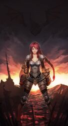  armor breasts bryanth commentary_request dragon female full_armor gauntlets highres ironscale_shyvana league_of_legends long_hair medium_breasts photoshop_(medium) ponytail red_eyes red_hair shyvana solo 